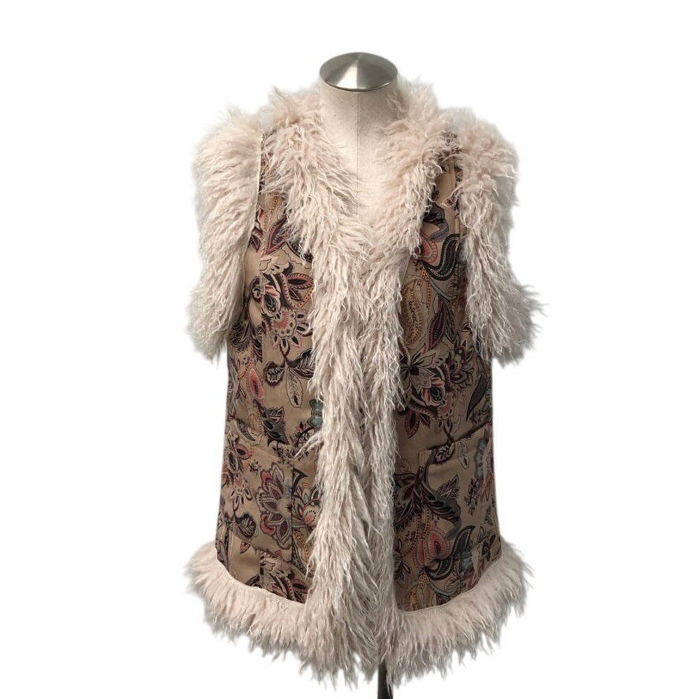 Paparazzi Vest Womens Small Brown Paisley Faux Fur Trim Shaggy Boho Western Open